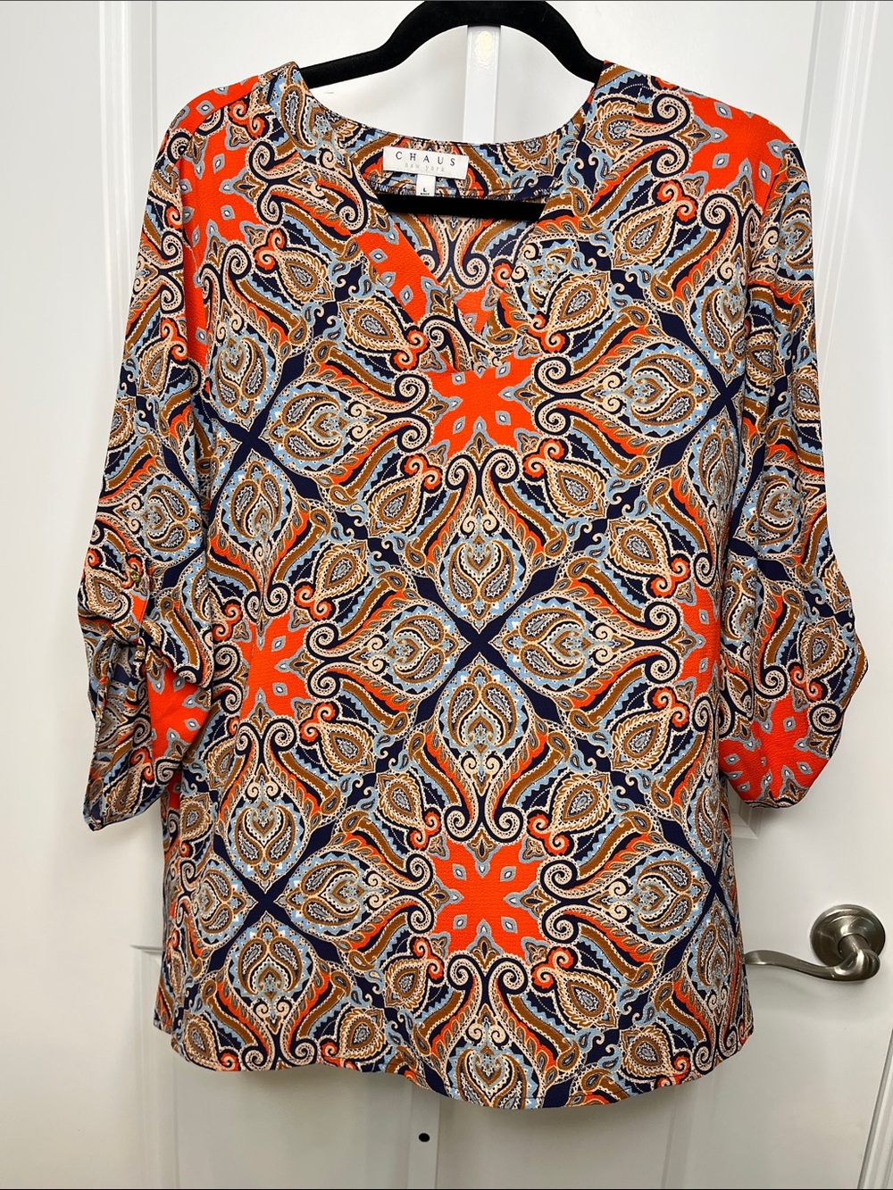 Chaus Orange and Navy Paisley V-Neck Blouse Large